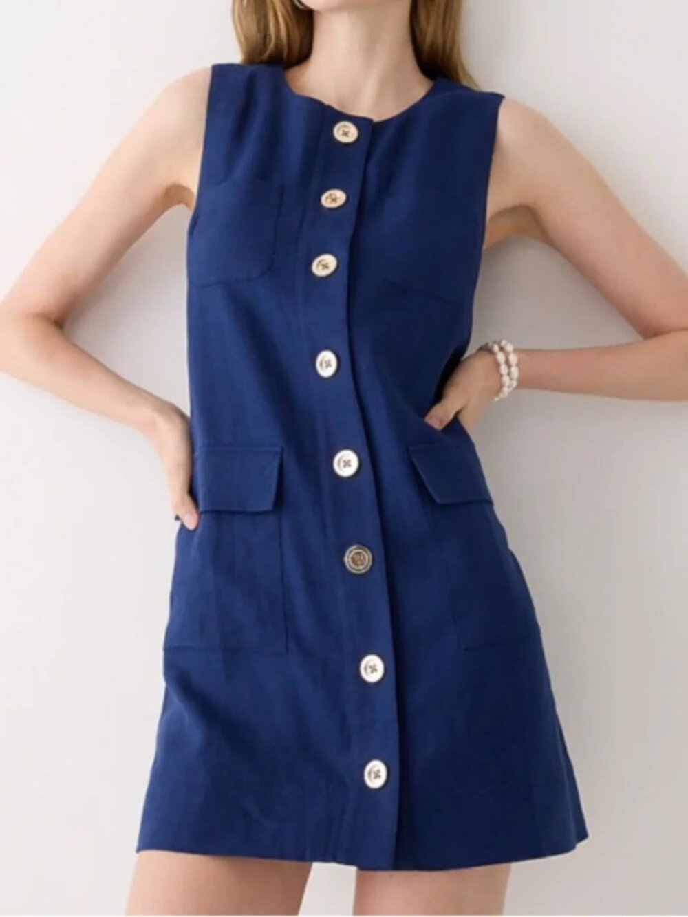 J. Crew Button Front Linen Shift Sleeveless Dress Navy Blue S